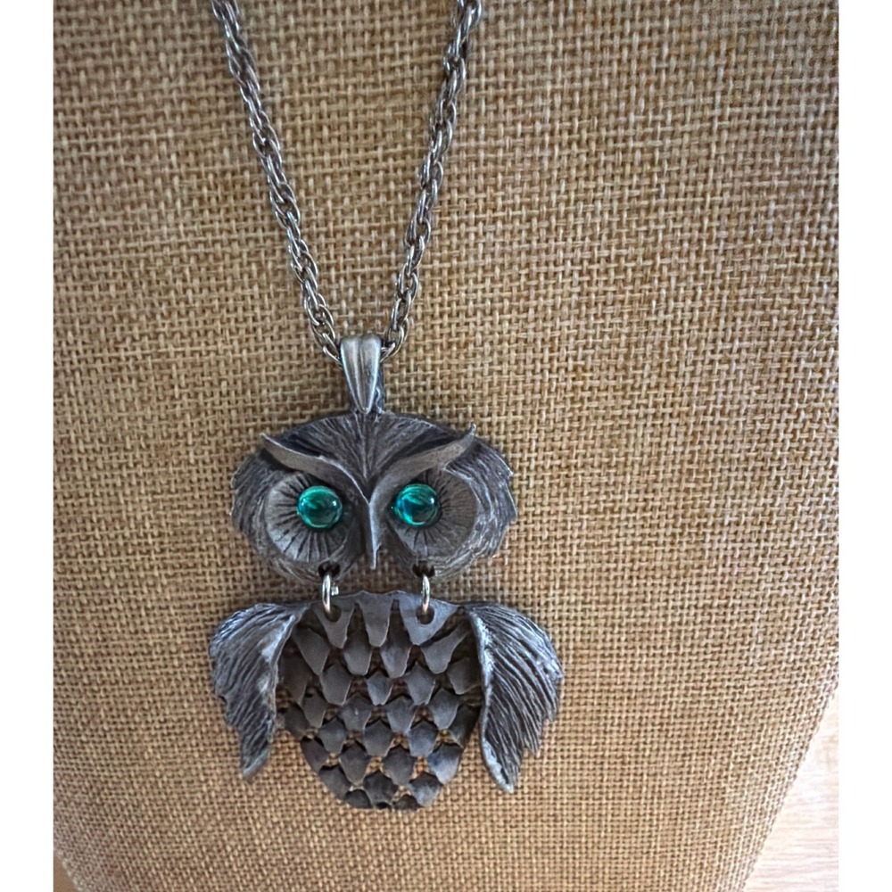 Vintage Articulated Owl Pendant Necklace Silver Tone Green Eyes Statement‎